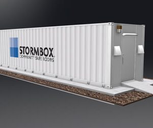 Animated image of the 40’, 49-person Stormbox community storm shelter in white with the Stormbox logo painted on the side.
