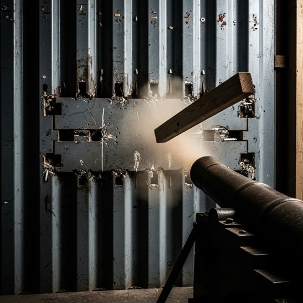 a 2x4 projectile being fired at a reinforced steel wall during a debris impact test for a storm shelter
