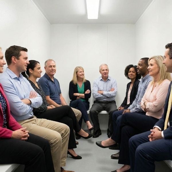 A diverse group of people inside a storm shelter, looking calm and reassured.