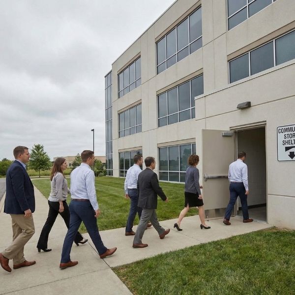A group of office workers walking quickly and calmly towards an outdoor storm shelter entrance.
