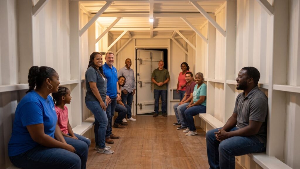 A diverse group of smiling people gathered together inside a clean, modern community storm shelter during the daytime.