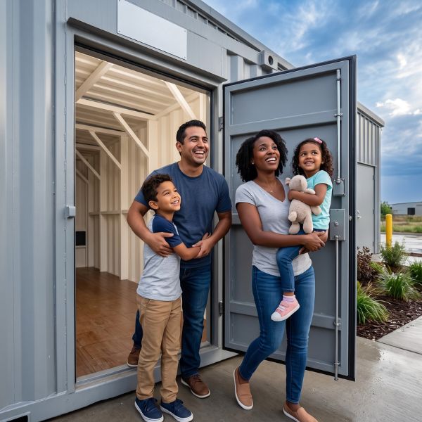 A family looks relieved and happy as they exit the heavy-duty door of a community storm shelter into bright, clearing daylight.